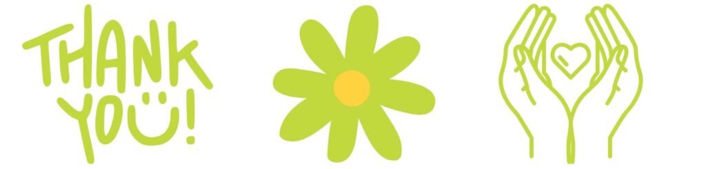 Illustrations symbolisant la gratitude et la bienveillance dans le taoïsme, avec un message “thank you”, une fleur et des mains tenant un cœur