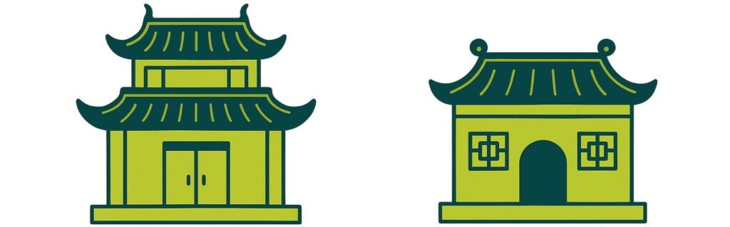 Illustration en flat design montrant un temple taoïste Quanzhen de style monastique et un temple Zhengyi communautaire, symbolisant les deux formes du taoïsme.