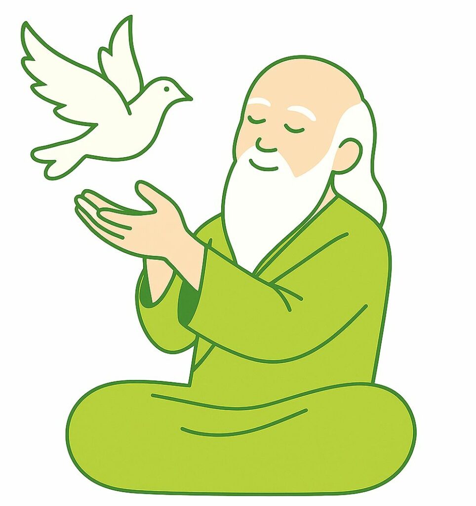 Moine taoïste en méditation laissant s’envoler une colombe blanche, symbole du wu wei et de la paix intérieure dans le taoïsme.