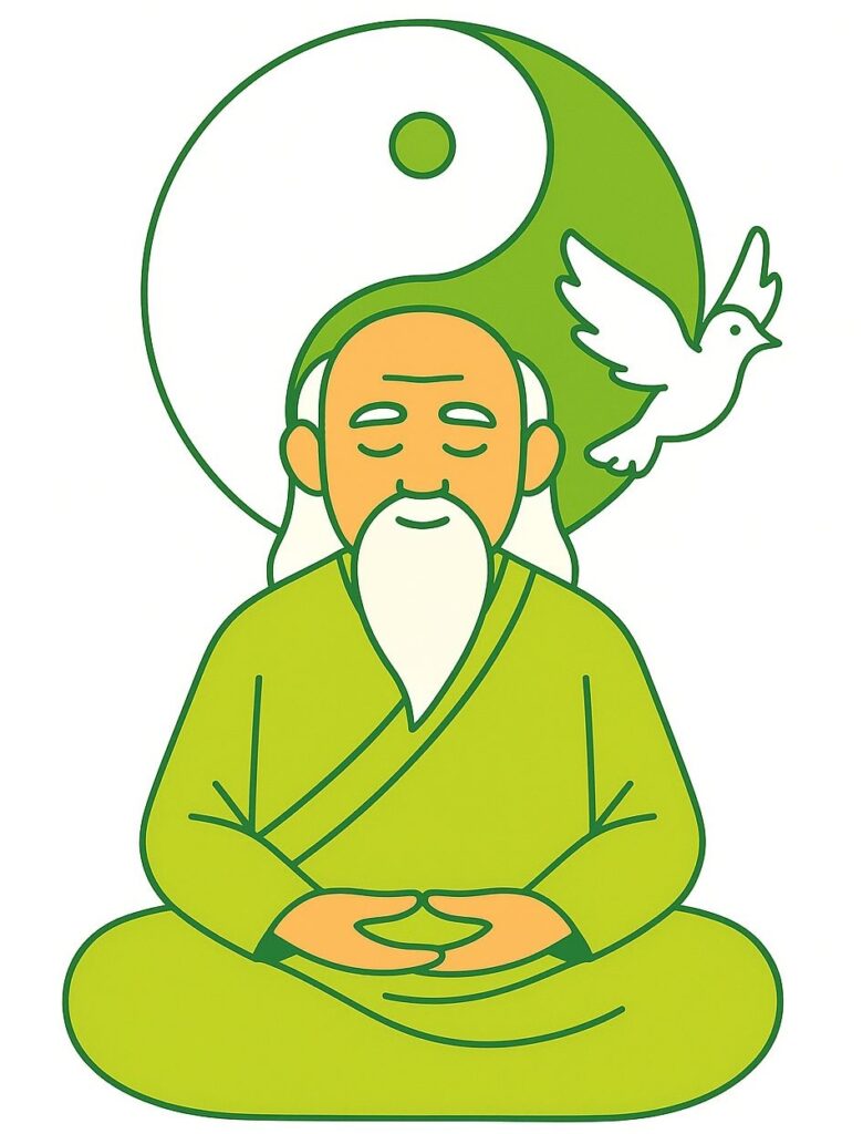 Moine taoïste méditant devant le symbole du yin et du yang, illustrant l’équilibre et l’harmonie du taoïsme