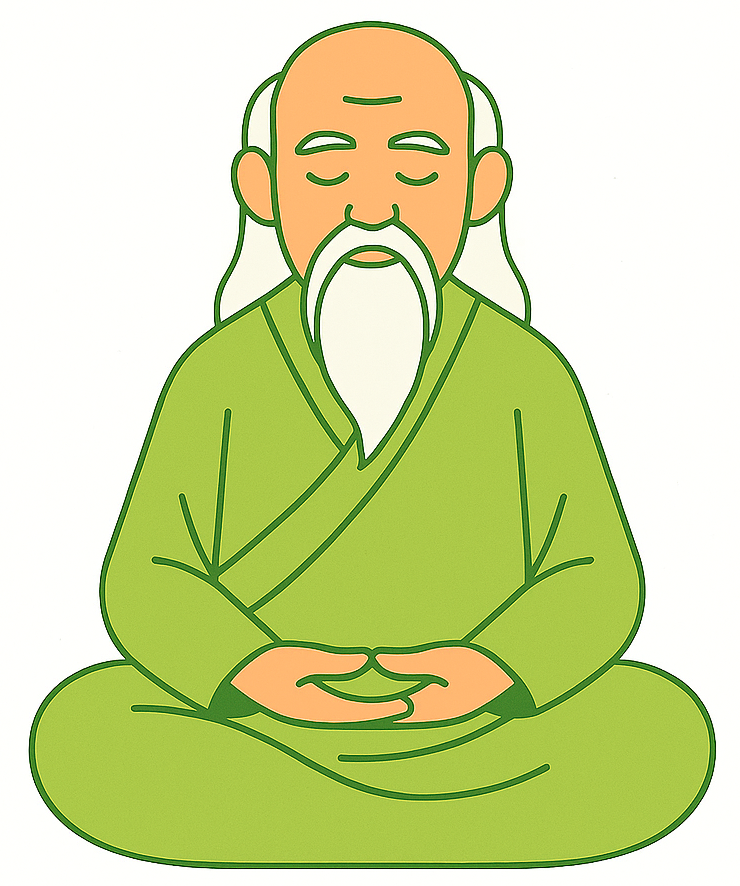 Lao Tseu, sage en méditation illustrant la sérénité et l’harmonie du taoïsme, assis en posture de méditation