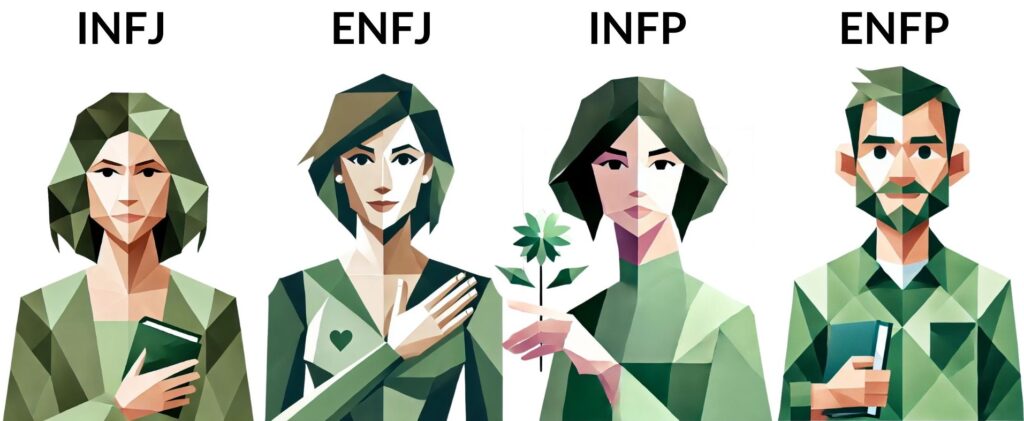 Caractéristiques des types NF dans le MBTI : idéalistes, empathiques, créatifs, orientés vers les valeurs humaines et la recherche de sens