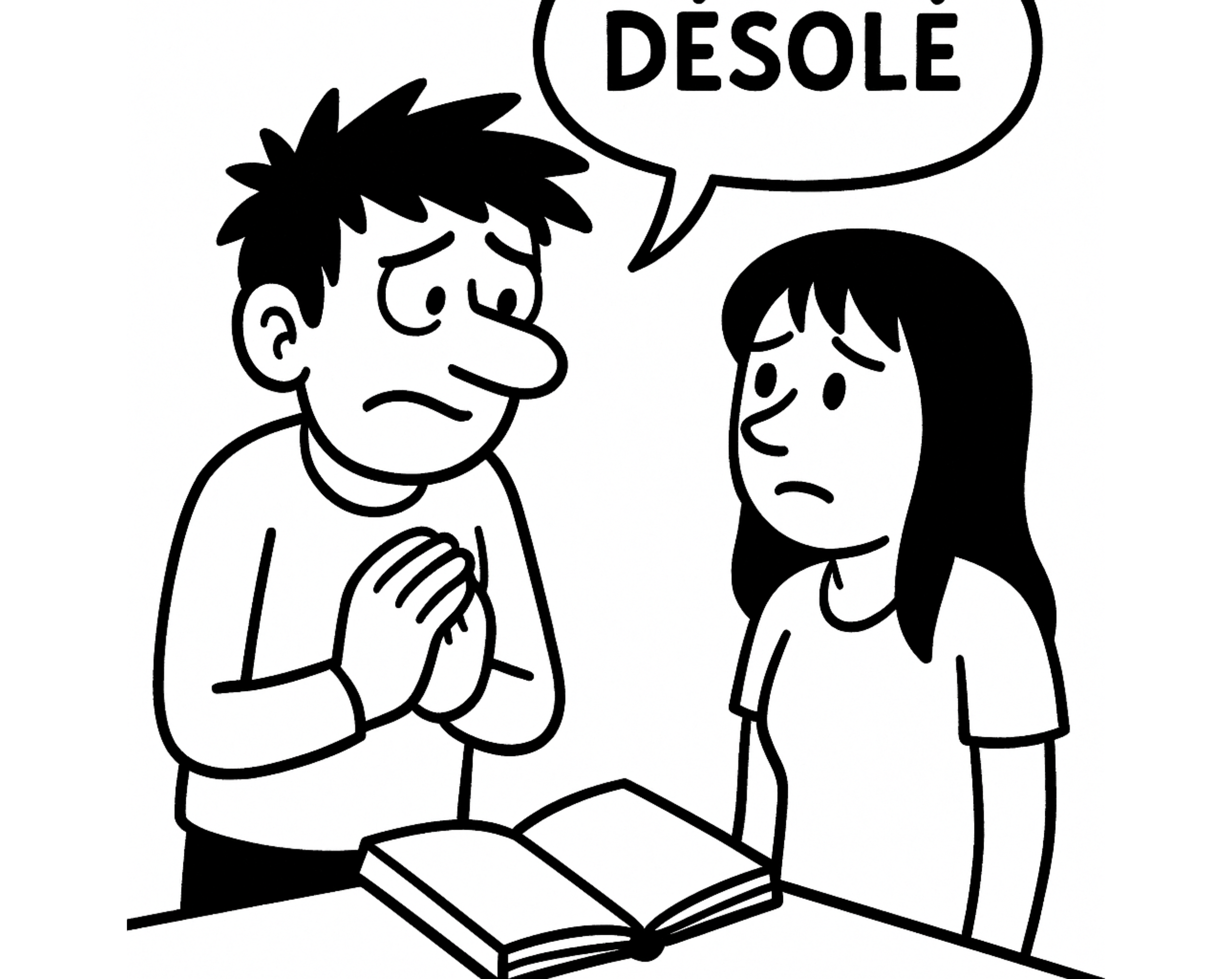 Personnage s’excusant auprès d’une autre personne avec une bulle disant désolé