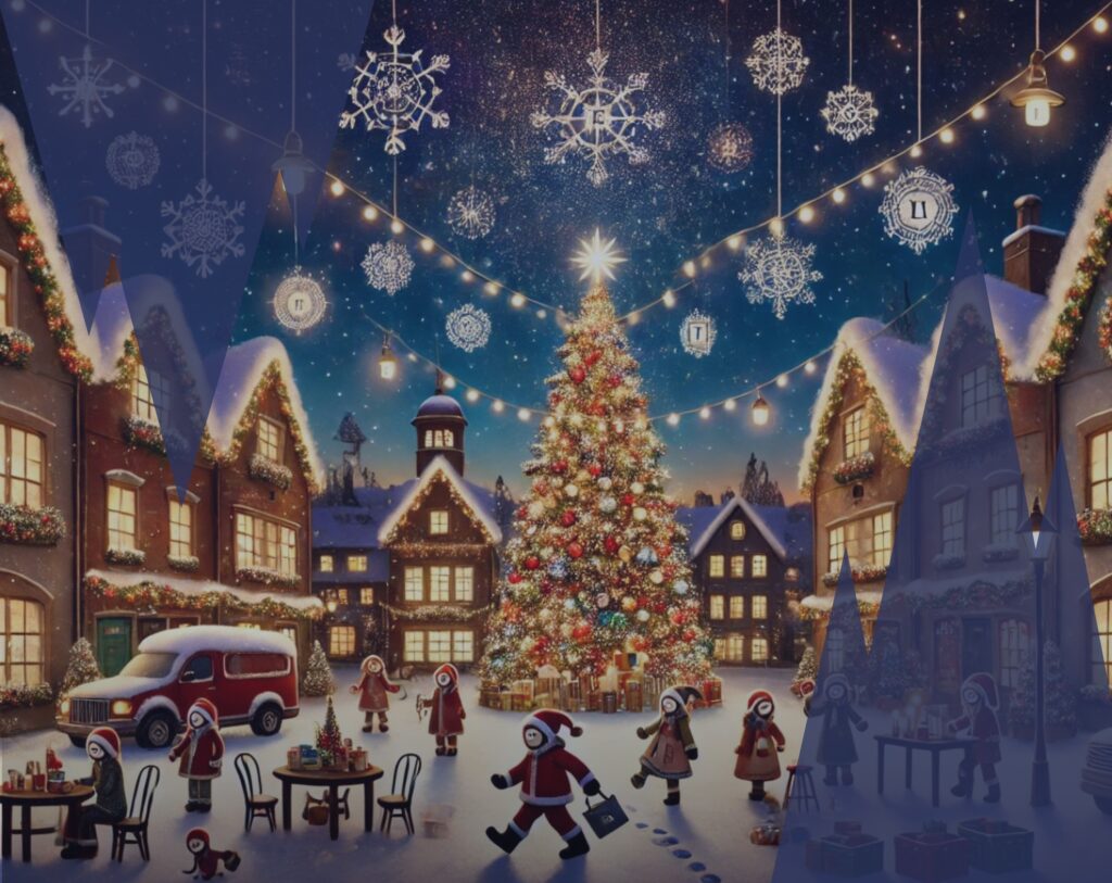 Illustration festive du village MBTI à Noël avec les 16 types de personnalité engagés dans des activités comme la danse, la décoration et la préparation de biscuits, autour d’un sapin magique illuminé.