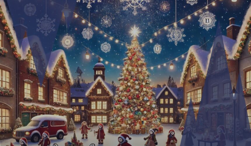 Illustration festive du village MBTI à Noël avec les 16 types de personnalité engagés dans des activités comme la danse, la décoration et la préparation de biscuits, autour d’un sapin magique illuminé.