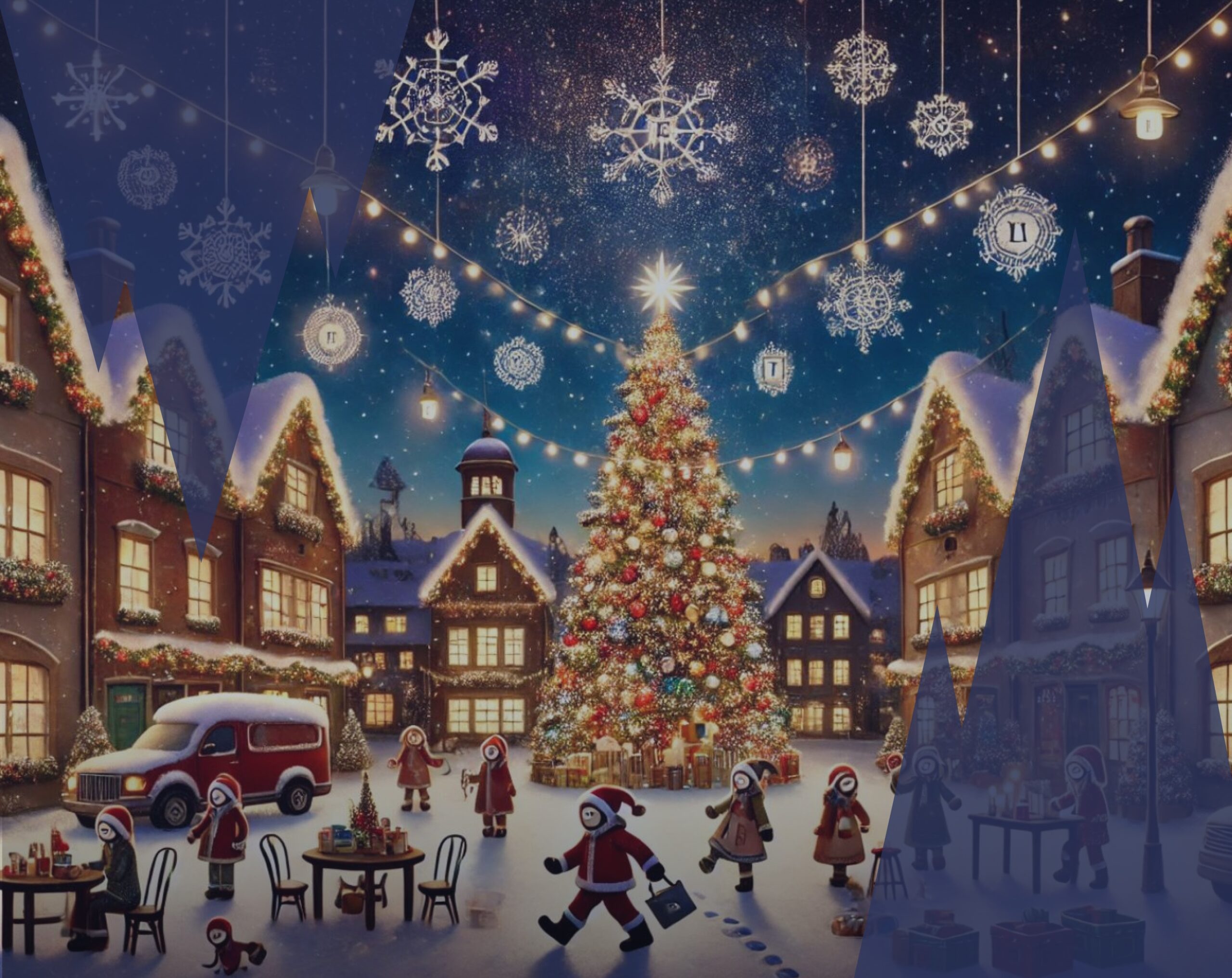 Illustration festive du village MBTI à Noël avec les 16 types de personnalité engagés dans des activités comme la danse, la décoration et la préparation de biscuits, autour d’un sapin magique illuminé.