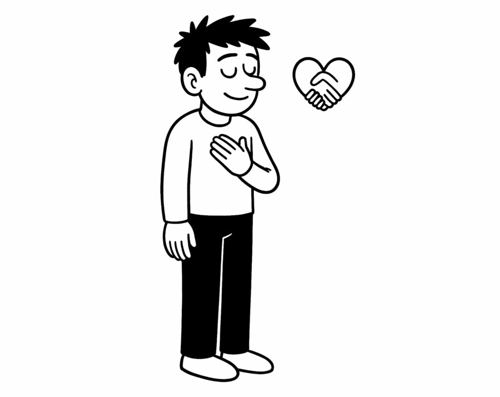 Personnage qui réfléchit pour analyser ses relations passées en posant une main sur son cœur