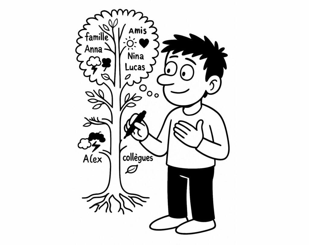 Personnage construisant un arbre des relations pour analyser ses liens positifs et drainants