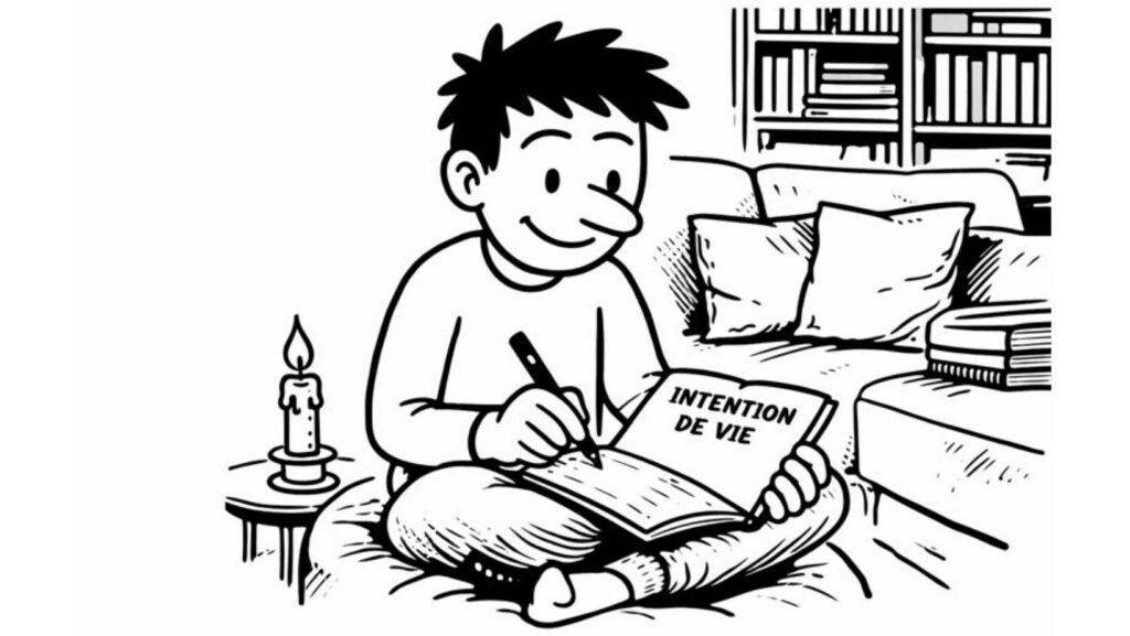 Personnage Pik en noir et blanc en train de définir une intention de vie dans un carnet, dans un intérieur cocooning propice à l’introspection