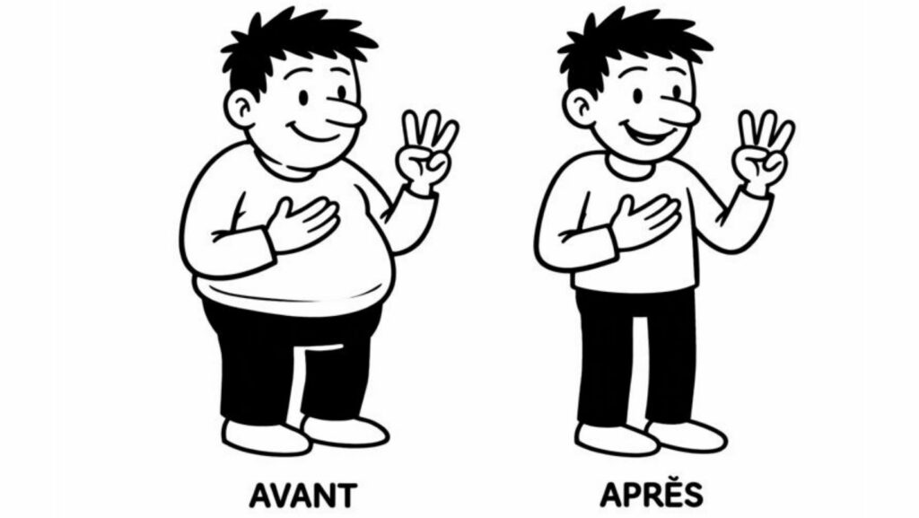 Exemple d’intention de vie : illustration avant après d’un personnage qui choisit de prendre soin de son corps avec douceur plutôt que de perdre du poids