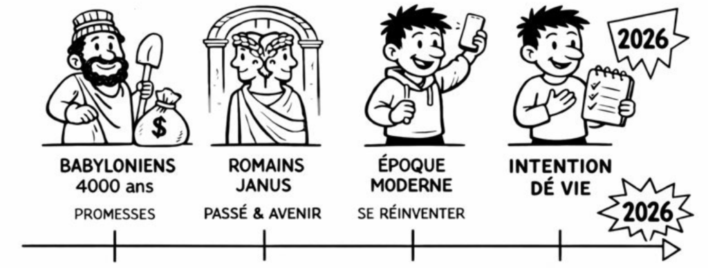 Définir une intention de vie : illustration en noir et blanc montrant l’évolution des bonnes résolutions vers une intention de vie consciente