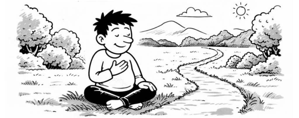 Définir une intention de vie : illustration en noir et blanc d’un personnage Pik assis en introspection sur un chemin intérieur symbolique