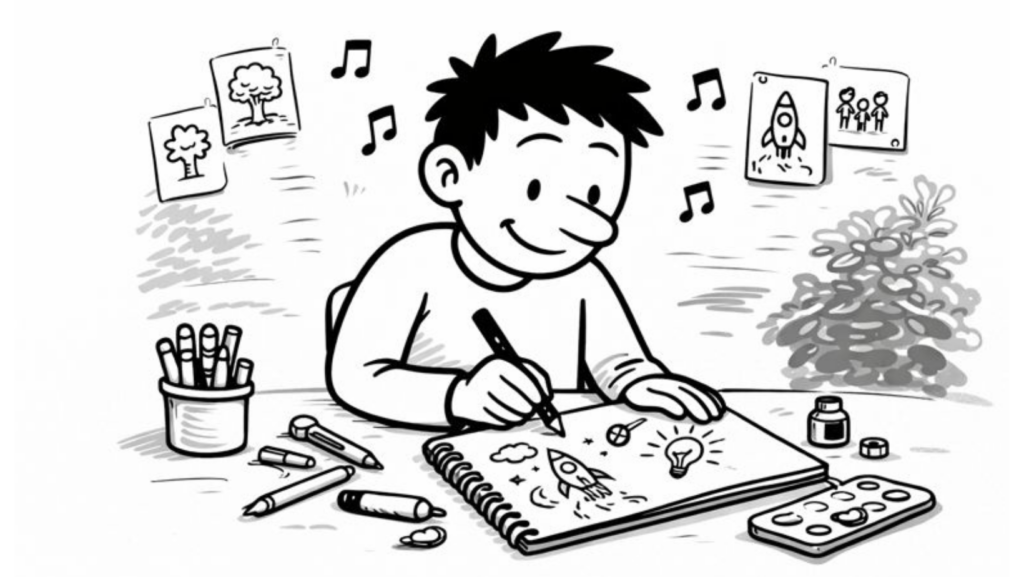 Définir une intention de vie : illustration en noir et blanc d’un personnage Pik qui nourrit sa créativité au quotidien en dessinant dans un carnet