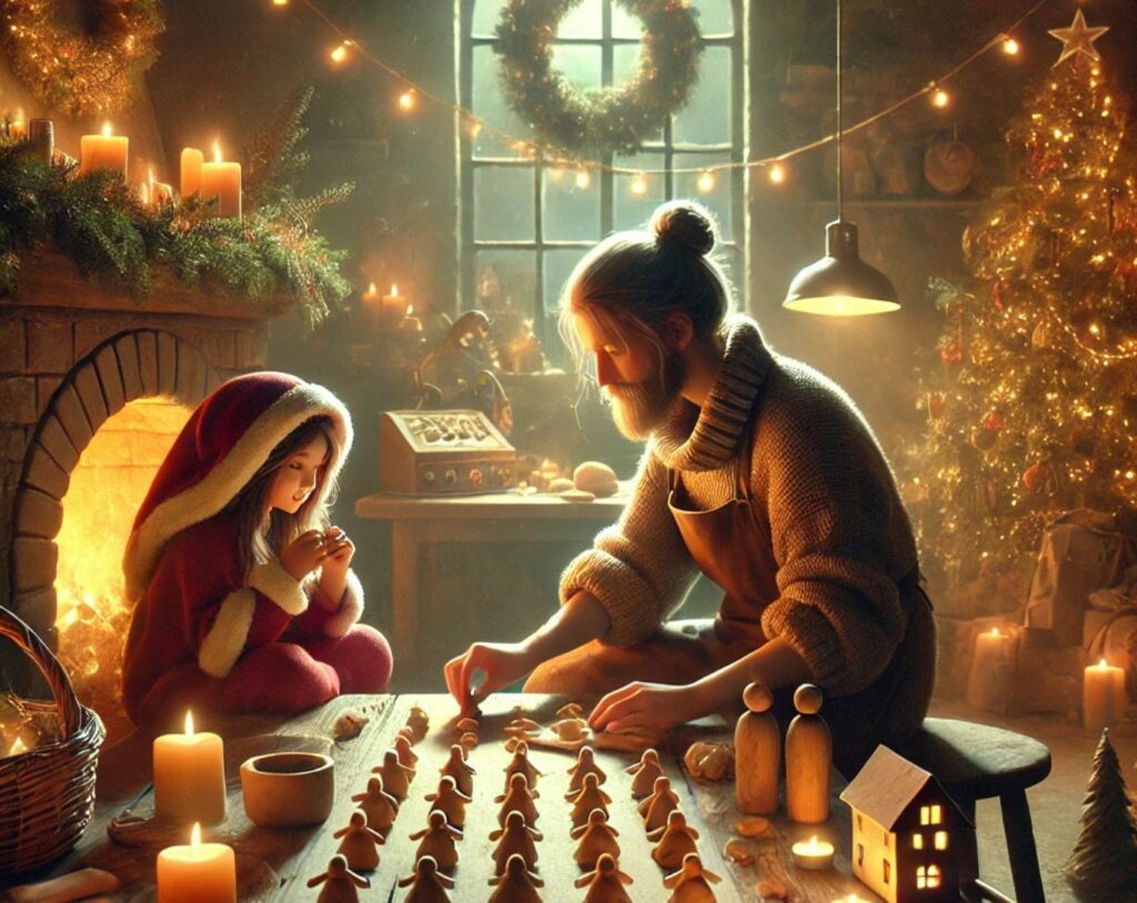 Scène de fête de Noël avec un INFP façonnant des figurines en pâte à sel près de la cheminée, entouré de décorations festives, tandis que des invités discutent en arrière-plan dans une ambiance chaleureuse et rustique