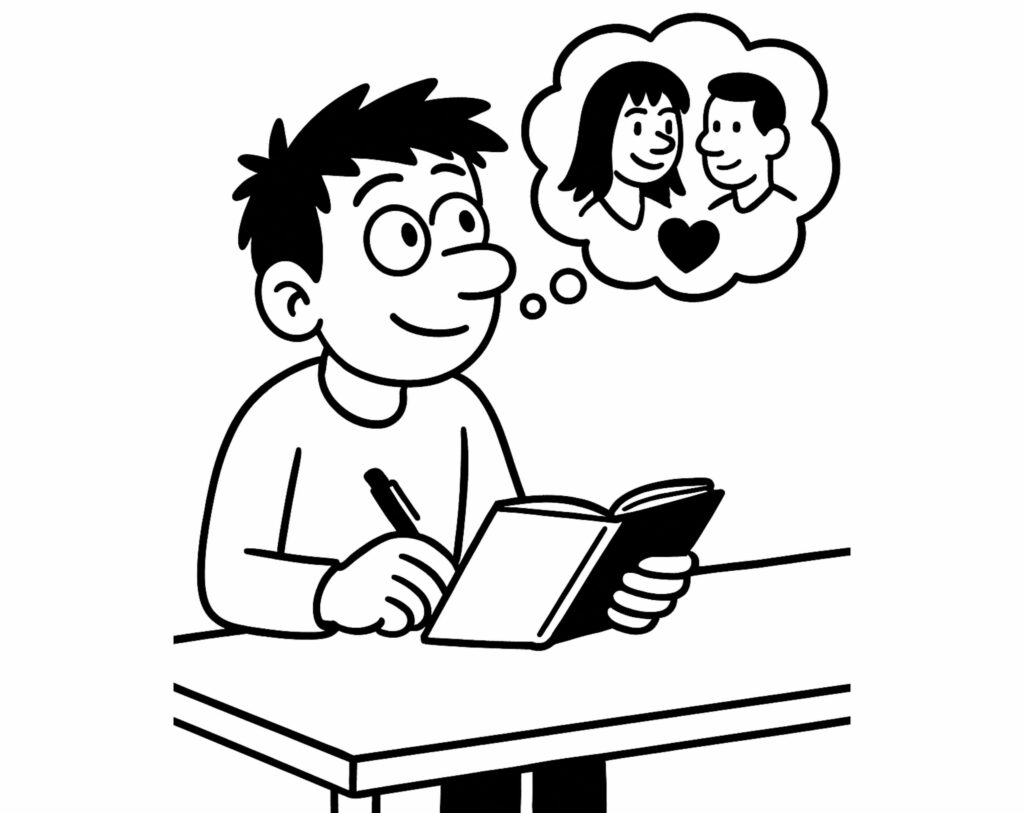 Personnage qui réfléchit au type de partenaires qu’il choisit en notant ses observations dans un carnet