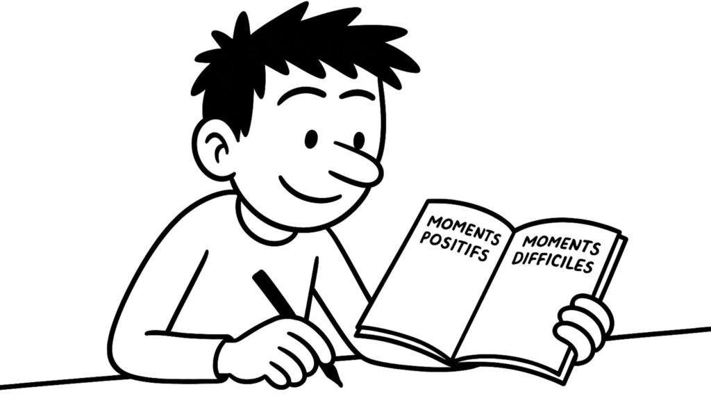 Un personnage de BD qui note les moments positifs et les moments difficiles de ses relations passées dans un carnet, en pleine introspection