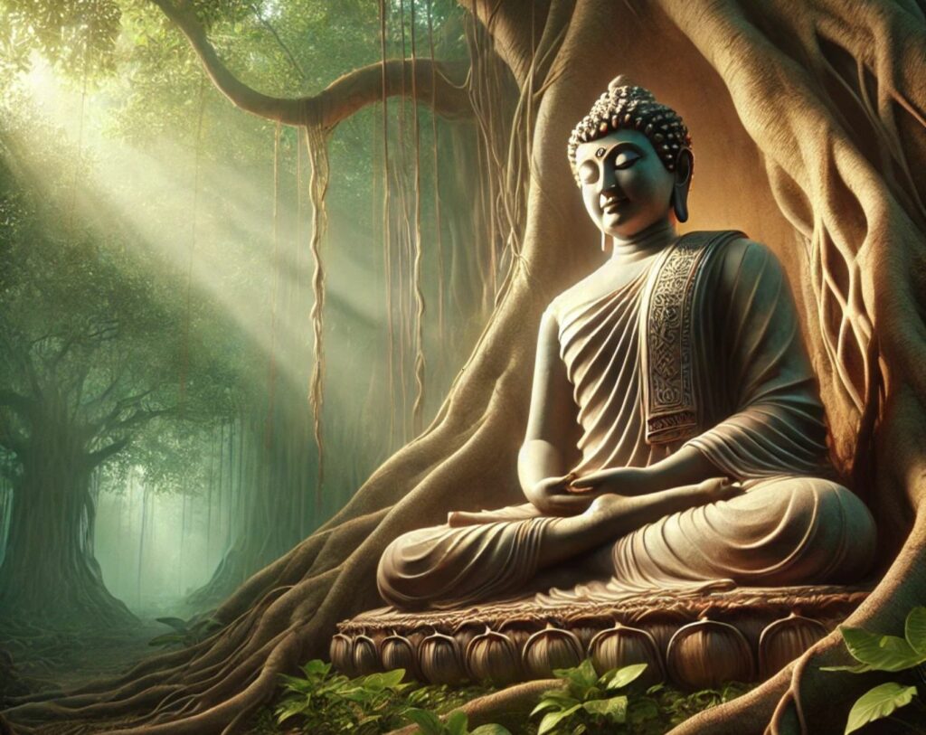 Le Bouddha Siddharta Gautama médite sous un figuier et découvre l'éveil.