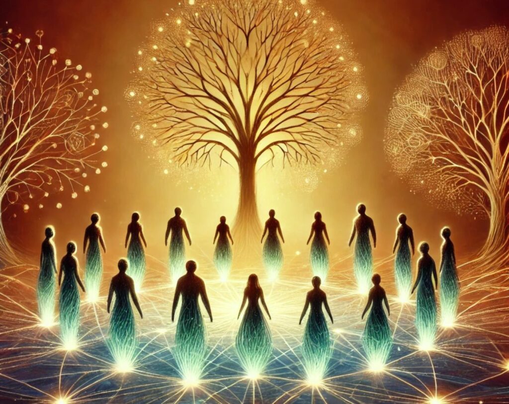 Illustration symbolique des constellations familiales, montrant des silhouettes humaines connectées par des fils lumineux, avec un arbre symbolisant les liens familiaux et l’équilibre émotionnel.