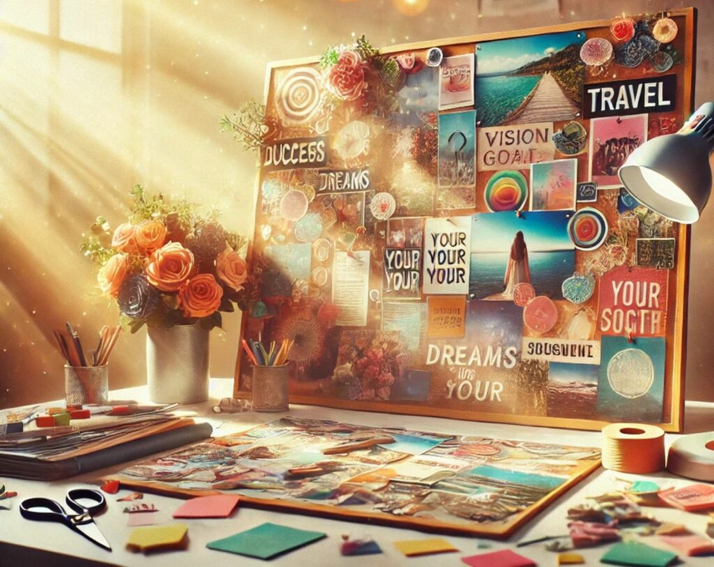 Image inspirante représentant un vision board sur un bureau, entouré de magazines, ciseaux et notes colorées, symbolisant la création d'objectifs et de rêves pour l'année à venir.