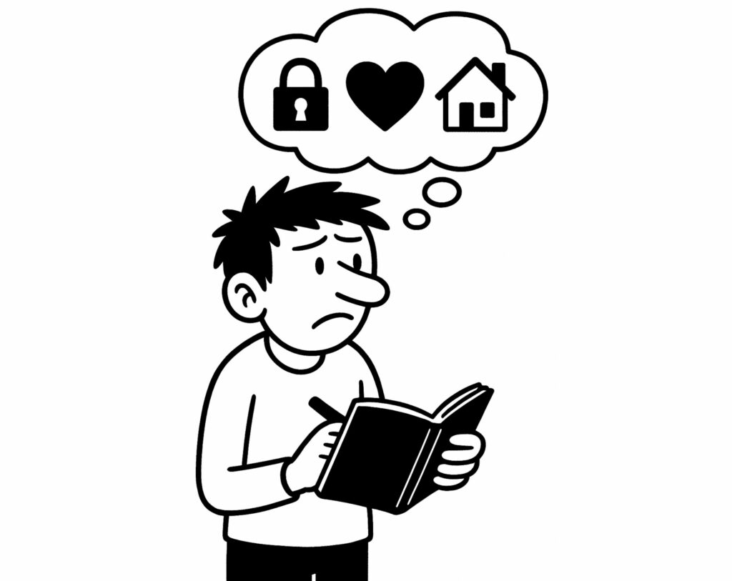 Personnage qui réfléchit à ses besoins relationnels en regardant son carnet, avec des symboles de sécurité, d’affection et de stabilité au-dessus de la tête