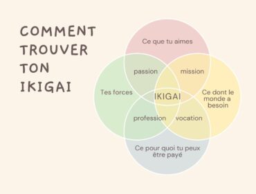 Une version esthétique et épurée du diagramme de Venn de l'ikigai (Passion, Mission, Profession, Vocation) avec des couleurs douces