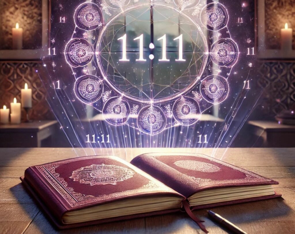 Journal ouvert sur une table, avec des symboles lumineux '11:11', mettant en valeur la réflexion sur les synchronicités dans un décor aux tons prune