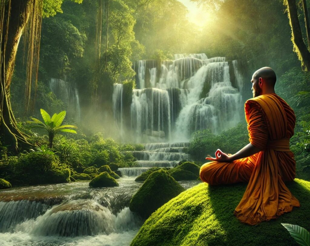 Moine bouddhiste en méditation Vipassana près d'une cascade dans une nature luxuriante, entouré de verdure et baigné de lumière naturelle, dégageant une atmosphère de calme et d'harmonie.