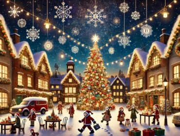 Illustration festive du village MBTI à Noël avec les 16 types de personnalité engagés dans des activités comme la danse, la décoration et la préparation de biscuits, autour d’un sapin magique illuminé.