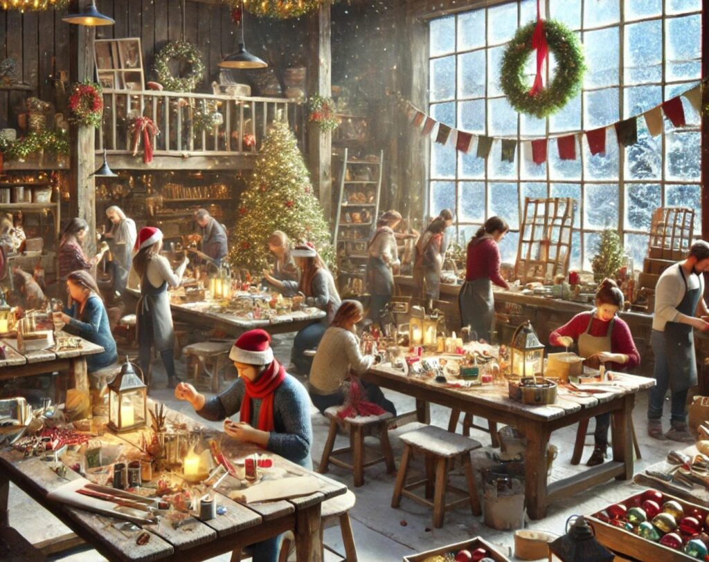 Atelier de Noël animé avec des personnes travaillant ensemble à peindre des ornements, emballer des cadeaux et fabriquer des décorations, dans une ambiance chaleureuse et festive, éclairée par des guirlandes lumineuses et des lanternes