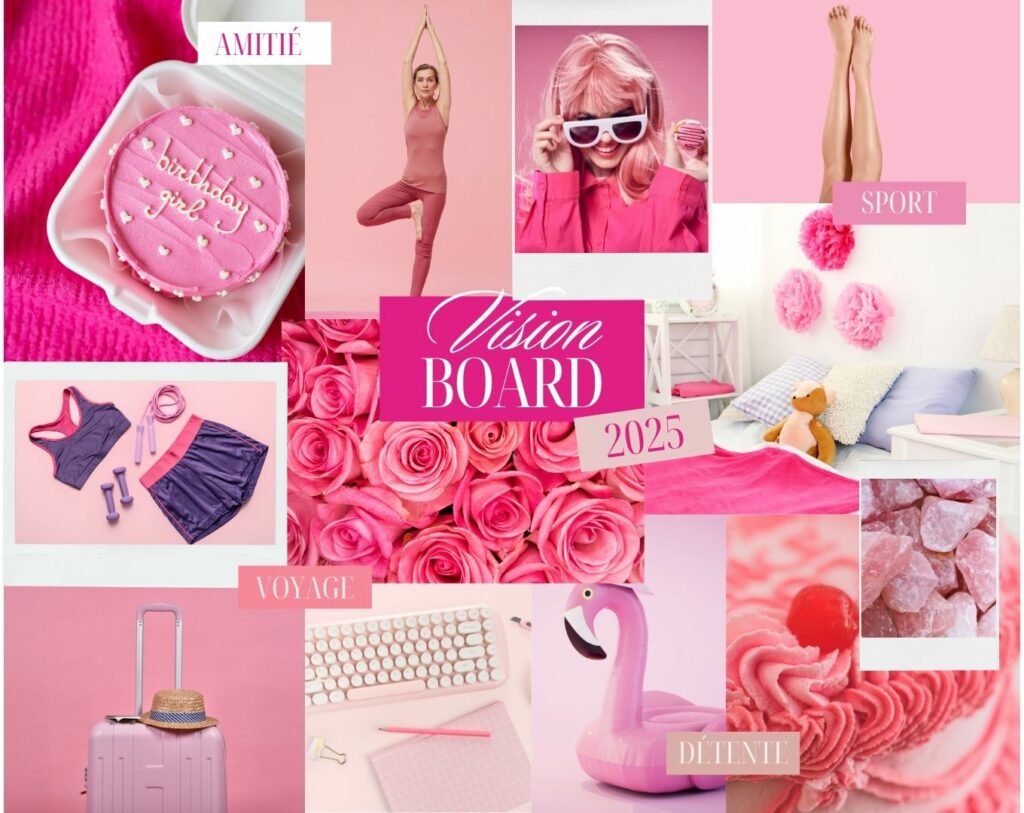 Vision board aux tons roses, rempli d'images inspirantes, de citations motivantes et d'objectifs personnels pour se projeter dans la nouvelle année