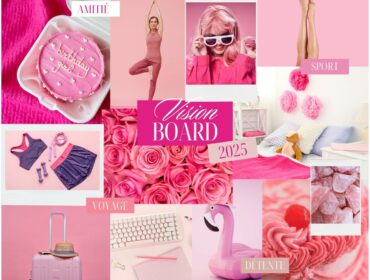 Vision board aux tons roses, rempli d'images inspirantes, de citations motivantes et d'objectifs personnels pour se projeter dans la nouvelle année