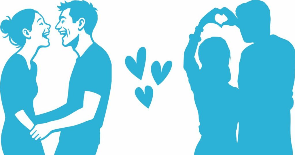 Illustration de couples heureux représentant les beaux souvenirs d’amour qui reviennent en mémoire quand on pense toujours à son ex après une rupture.