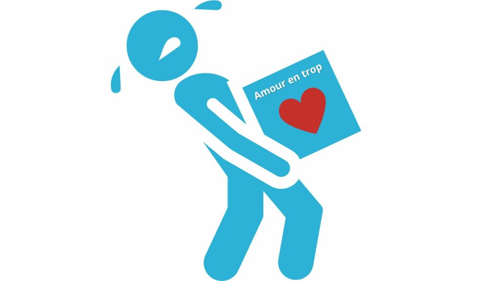 Illustration symbolique d’une personne portant une boîte marquée 'Amour en trop' avec un cœur rouge, représentant la difficulté à lâcher prise et à ne plus toujours penser à son ex après une rupture.