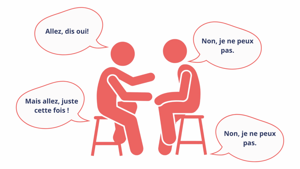 Illustration de la technique du disque rayé pour apprendre à dire non : une personne répète calmement Non, je ne peux pas face à quelqu’un qui insiste