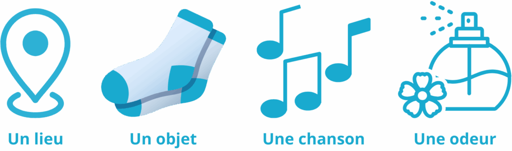 Illustration symbolique avec un lieu, un objet, une chanson et une odeur représentant les éléments qui font toujours penser à ton ex.