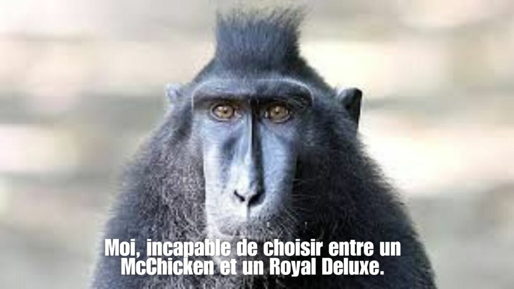 Singe au regard perdu, légendé "Moi, incapable de choisir entre un McChicken et un Royal Deluxe" - Mème humoristique sur l'indécision et le MBTI au McDo.