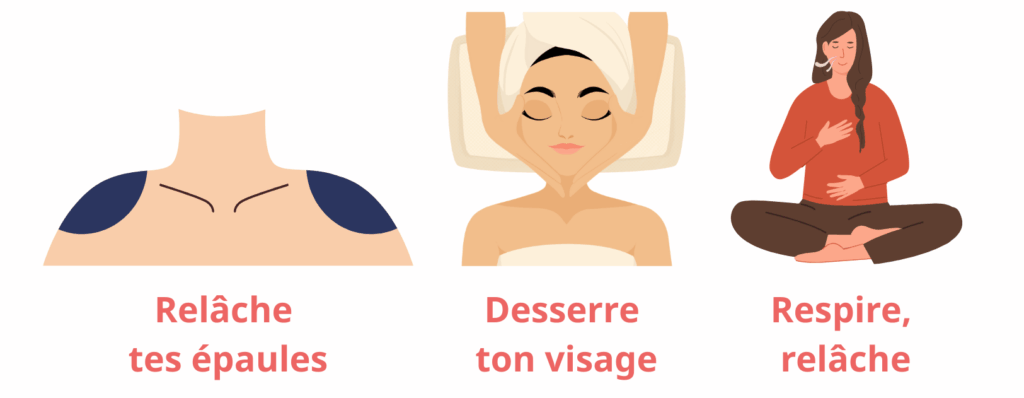 Illustration du scan corporel express pour réduire son stress en trois étapes : relâcher les épaules, desserrer le visage et respirer pour apaiser le corps.