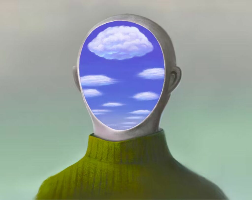 Représentation conceptuelle de l’imagerie mentale avec une tête vide laissant apparaître un ciel et des nuages, symbolisant la visualisation et la clarté de l’esprit