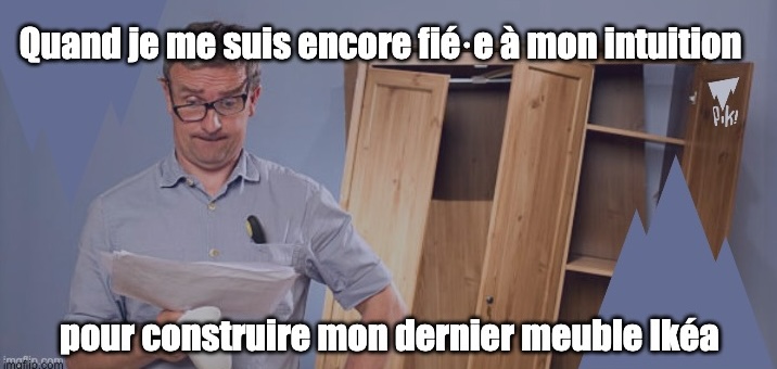 Mème humoristique qui illustre les préférences sensation et intuition dans le mbti : on voit un homme qui a construit un meuble de travers avec la légende "Quand je me suis encore fié à mon intuition pour construire mon dernier meuble Ikéa"