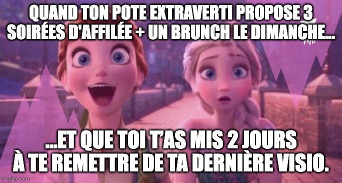 Mème avec Anna et Elsa (Reine des Neiges) qui représentent l'introversion (i) et l'extraversion (e) dans le MBTI