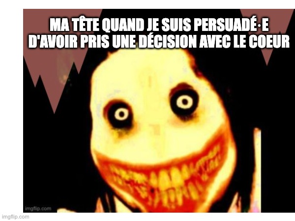 Mème humoristique qui illustre les dimensions pensée (Thinking) et sentiment (Feeling) du MBTI : on voit une tête qui fait peur avec la légende "ma tête quand je suis persuadée d'avoir pris une décision avec le coeur"
