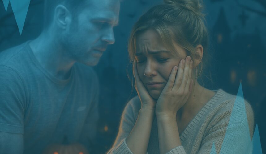 Femme qui se tient la tête dans la main, avec le fantôme de son ex derrière elle, illustrant le fait de toujours penser à son ex et la difficulté de tourner la page.