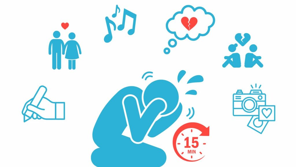 Toujours penser à son ex : illustration d’une personne en pleurs entourée de symboles d’amour, de rupture et de souvenirs, représentant la difficulté à tourner la page