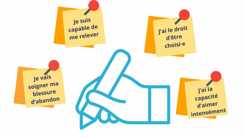 Toujours penser à son ex : illustration d’une main écrivant des affirmations positives pour guérir une rupture amoureuse et retrouver confiance en soi