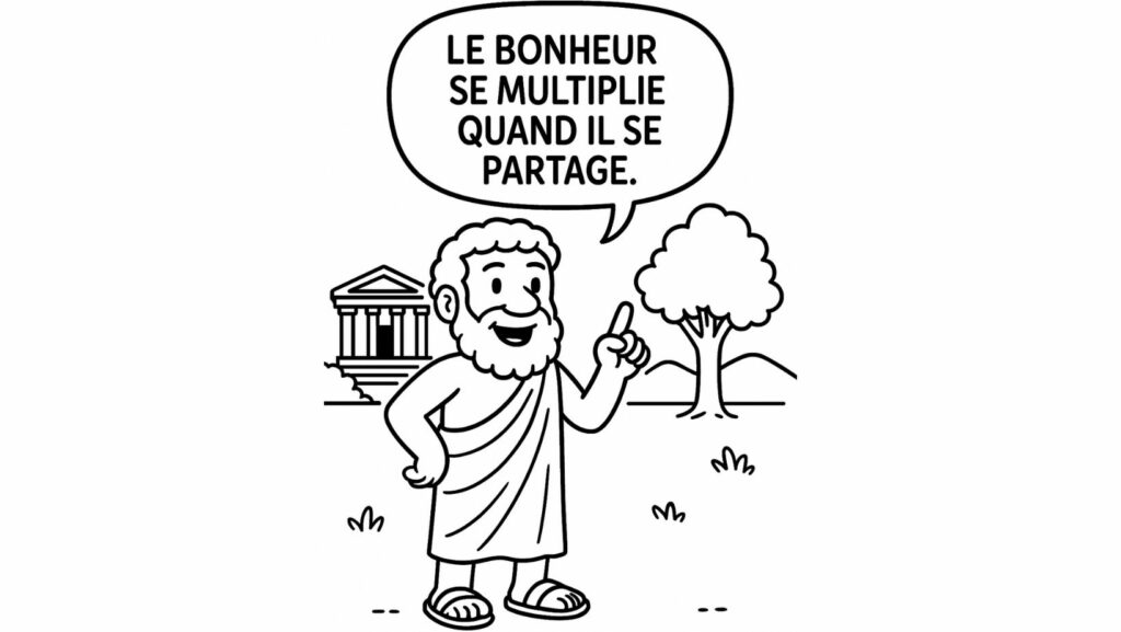 Un philosophe en Grèce qui dit "le bonheur se multiplie quand il se partage"