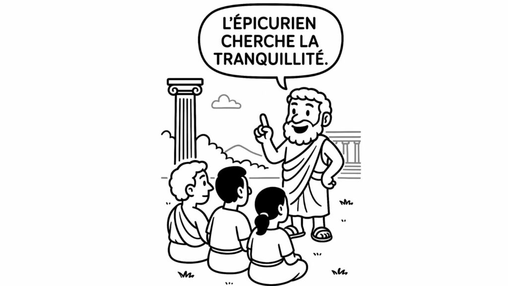 Illustration en noir et blanc d’un philosophe grec enseignant l’épicurisme à ses disciples en plein air, avec la citation 'L’épicurien cherche la tranquillité'.