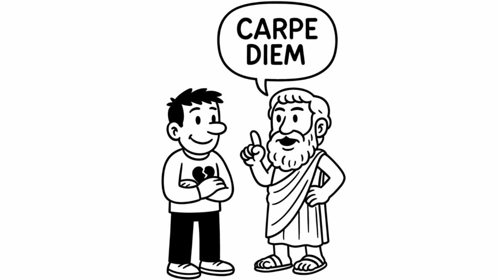 Philosophe antique enseignant Carpe Diem à un personnage moderne dans une illustration style BD
