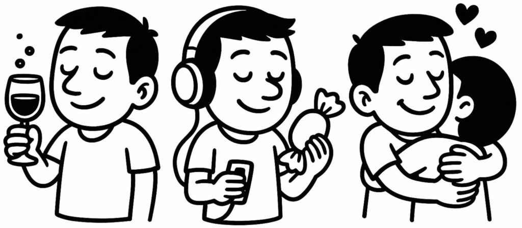 Illustration des désirs naturels mais non nécessaires selon Épicure : boire du vin, écouter de la musique, manger une friandise et se câliner, en version cartoon noir et blanc.