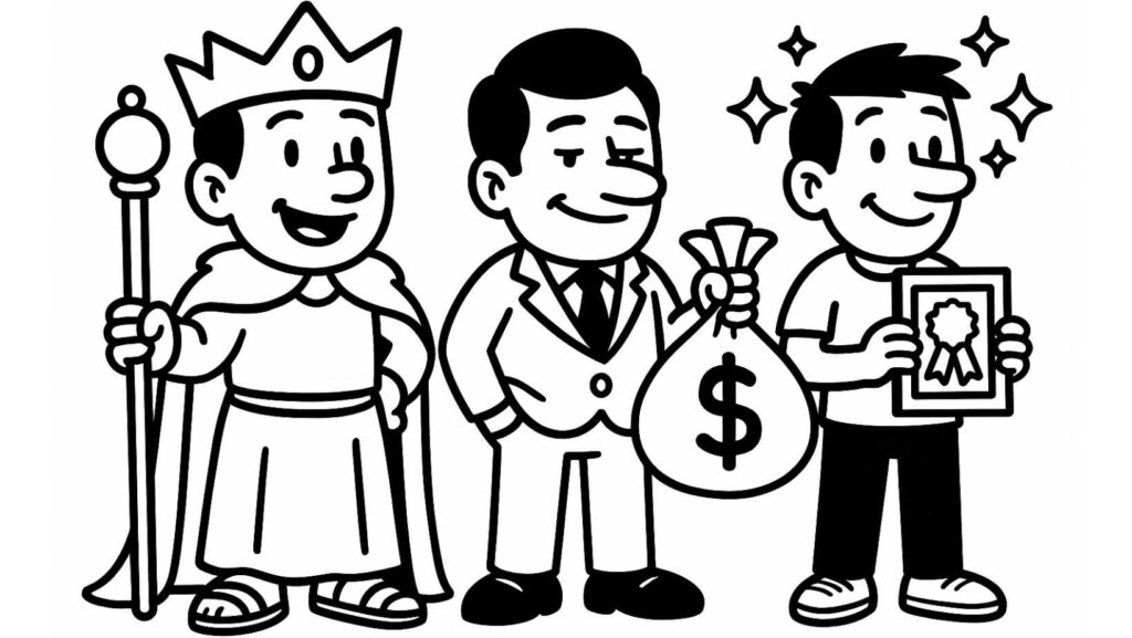 illustration en noir et blanc de trois petits personnages représentant les désirs vains selon l’épicurisme : le pouvoir, la richesse et la reconnaissance sociale