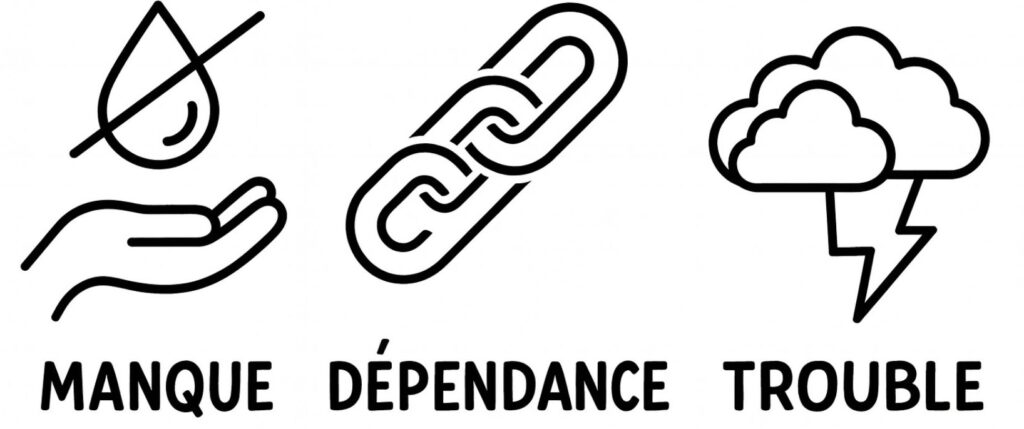 Symboles épicurisme : manque, dépendance et trouble illustrés en noir et blanc dans un style cartoon épuré